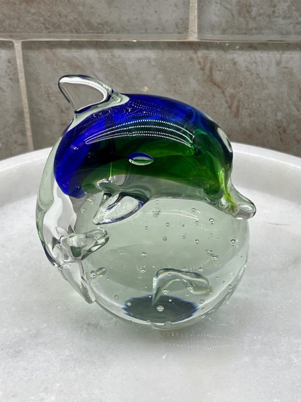 1980s Blue & Green Art Glass Dolphin on Clear Bullicante Paperweight - gorgeous!
